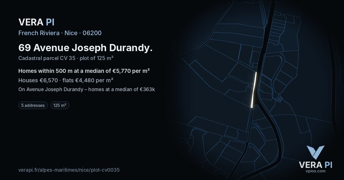 69 Avenue Joseph Durandy, Nice at night – the plot lit, the parcels around coloured by the prices near them