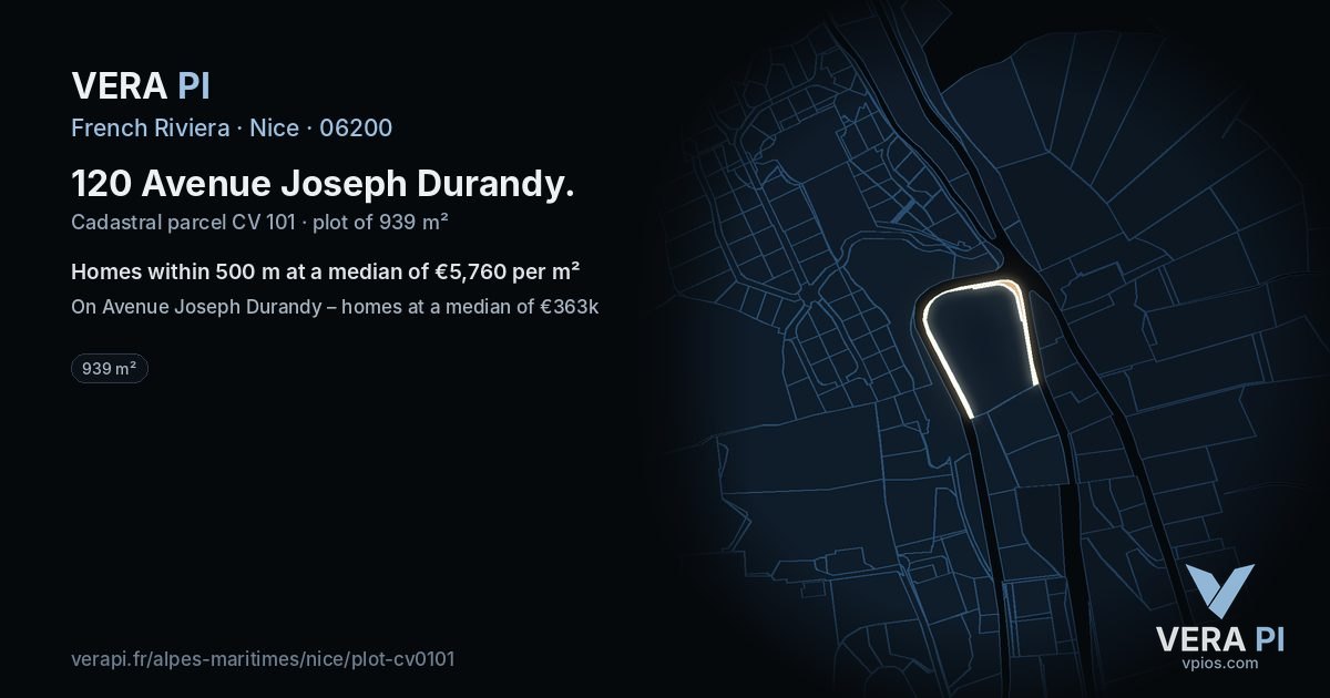 120 Avenue Joseph Durandy, Nice at night – the plot lit, the parcels around coloured by the prices near them