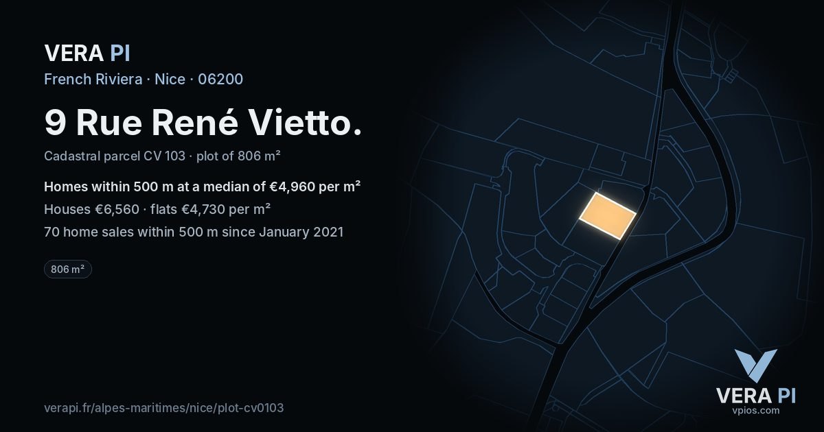 9 Rue René Vietto, Nice at night – the plot lit, the parcels around coloured by the prices near them
