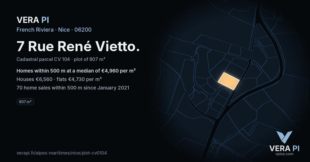 7 Rue René Vietto, Nice at night – the plot lit, the parcels around coloured by the prices near them