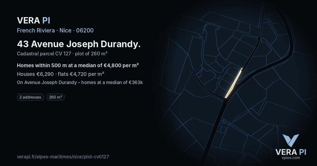 43 Avenue Joseph Durandy, Nice at night – the plot lit, the parcels around coloured by the prices near them