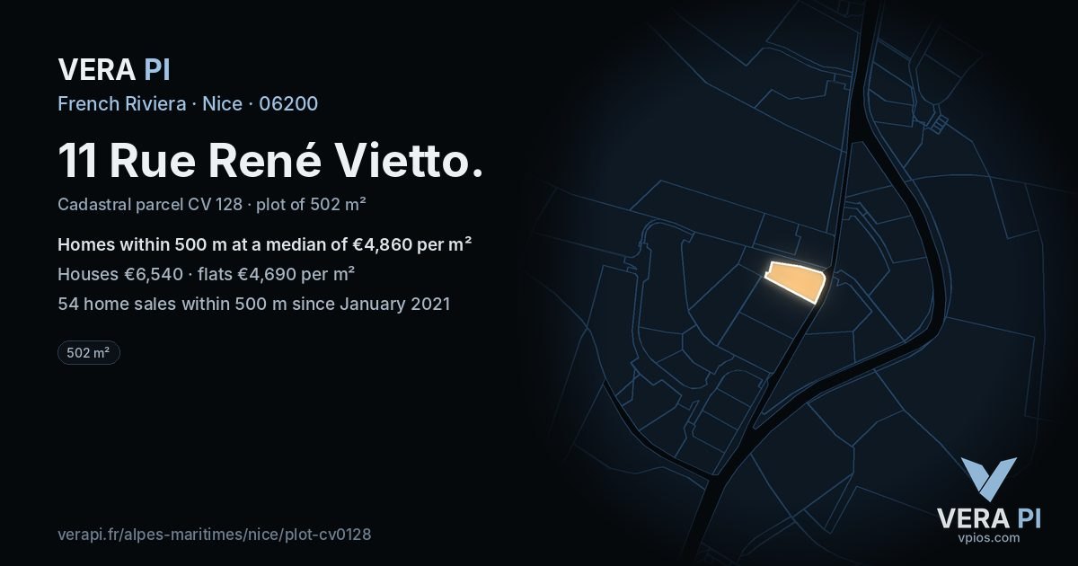 11 Rue René Vietto, Nice at night – the plot lit, the parcels around coloured by the prices near them