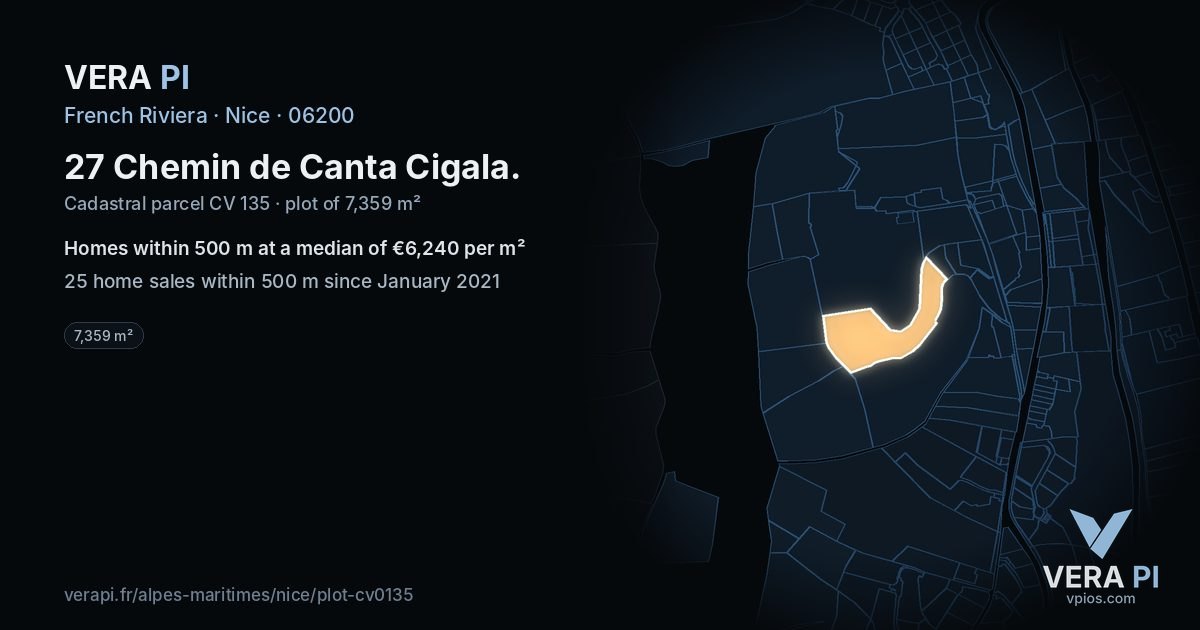 27 Chemin de Canta Cigala, Nice at night – the plot lit, the parcels around coloured by the prices near them