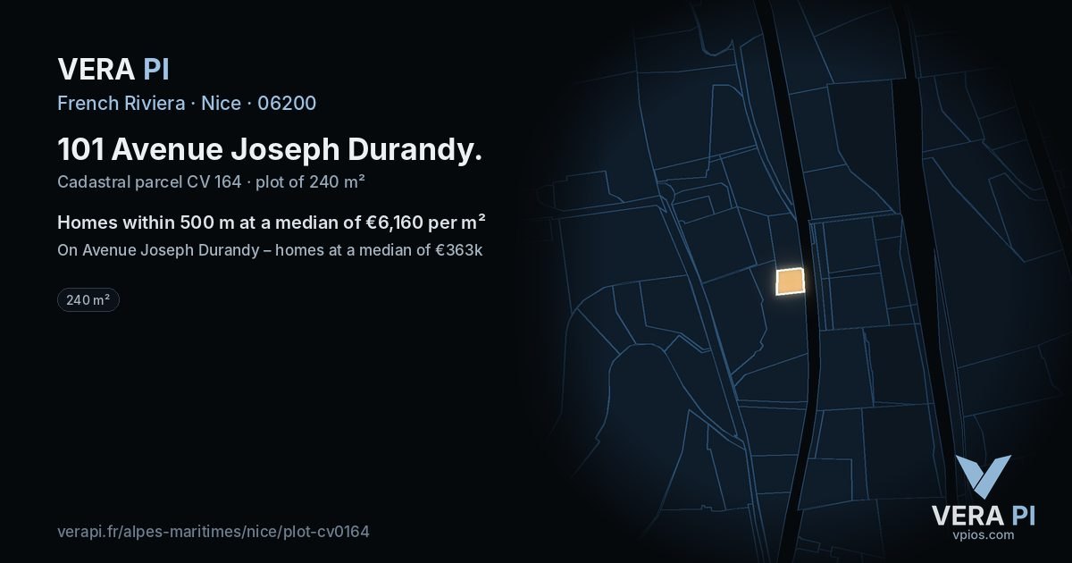 101 Avenue Joseph Durandy, Nice at night – the plot lit, the parcels around coloured by the prices near them
