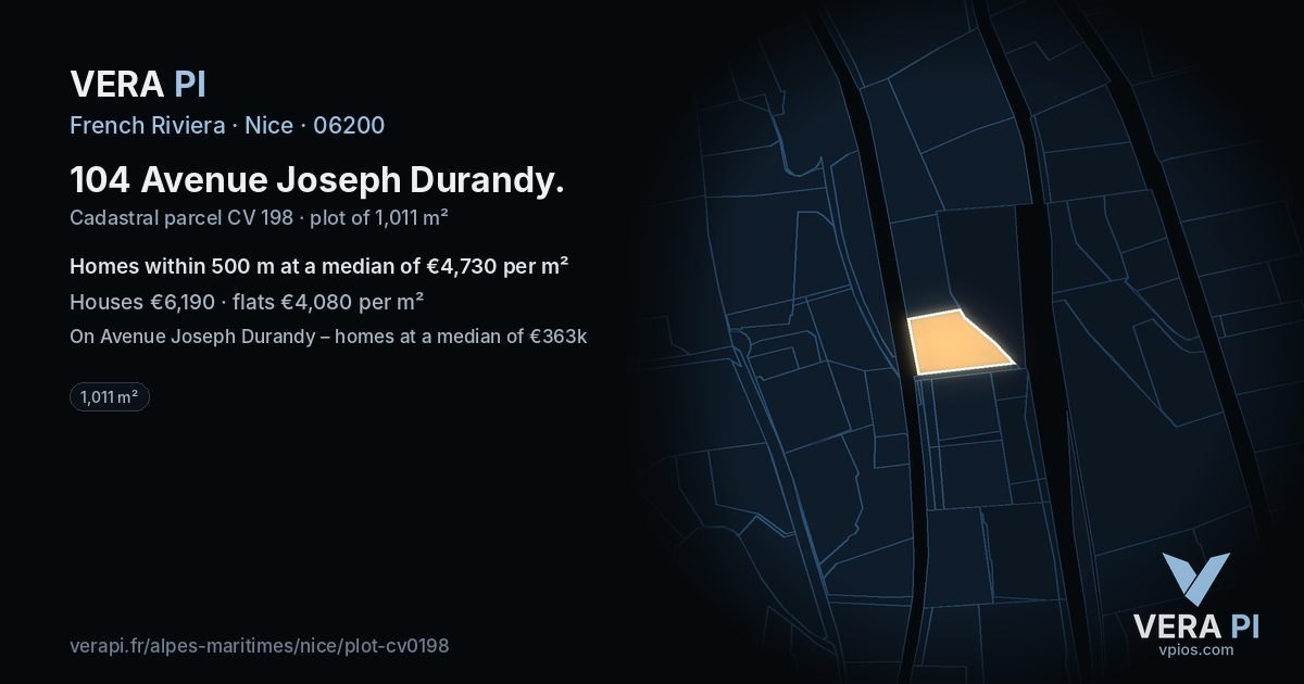 104 Avenue Joseph Durandy, Nice at night – the plot lit, the parcels around coloured by the prices near them