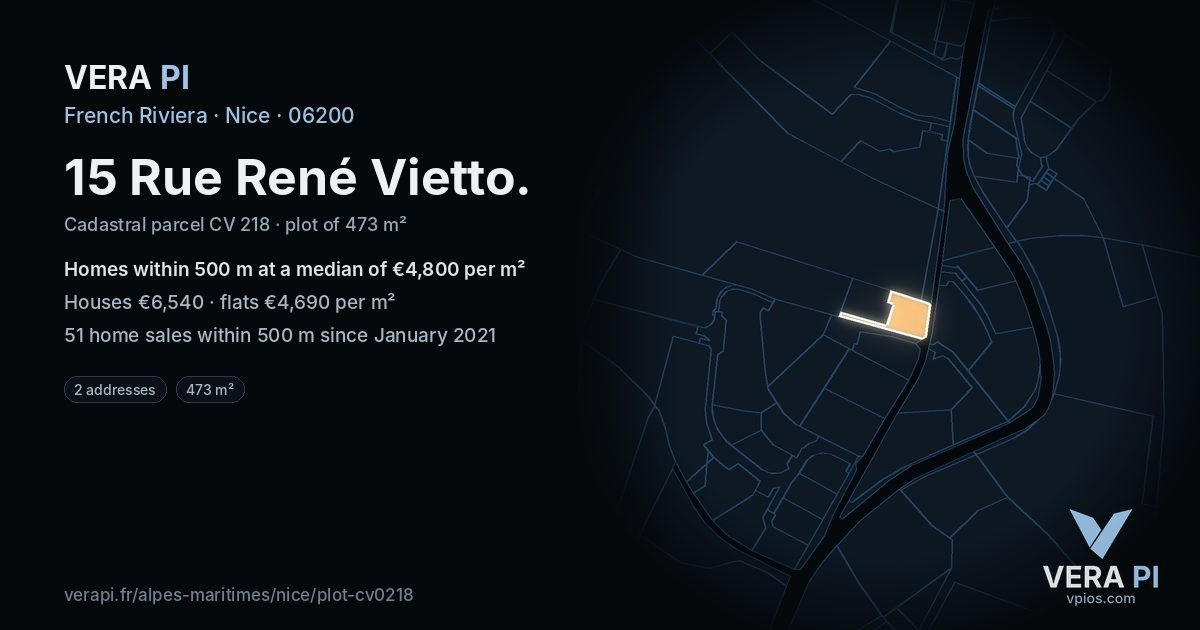 15 Rue René Vietto, Nice at night – the plot lit, the parcels around coloured by the prices near them