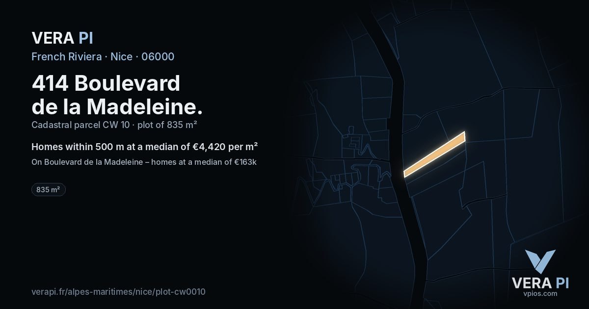 414 Boulevard de la Madeleine, Nice at night – the plot lit, the parcels around coloured by the prices near them