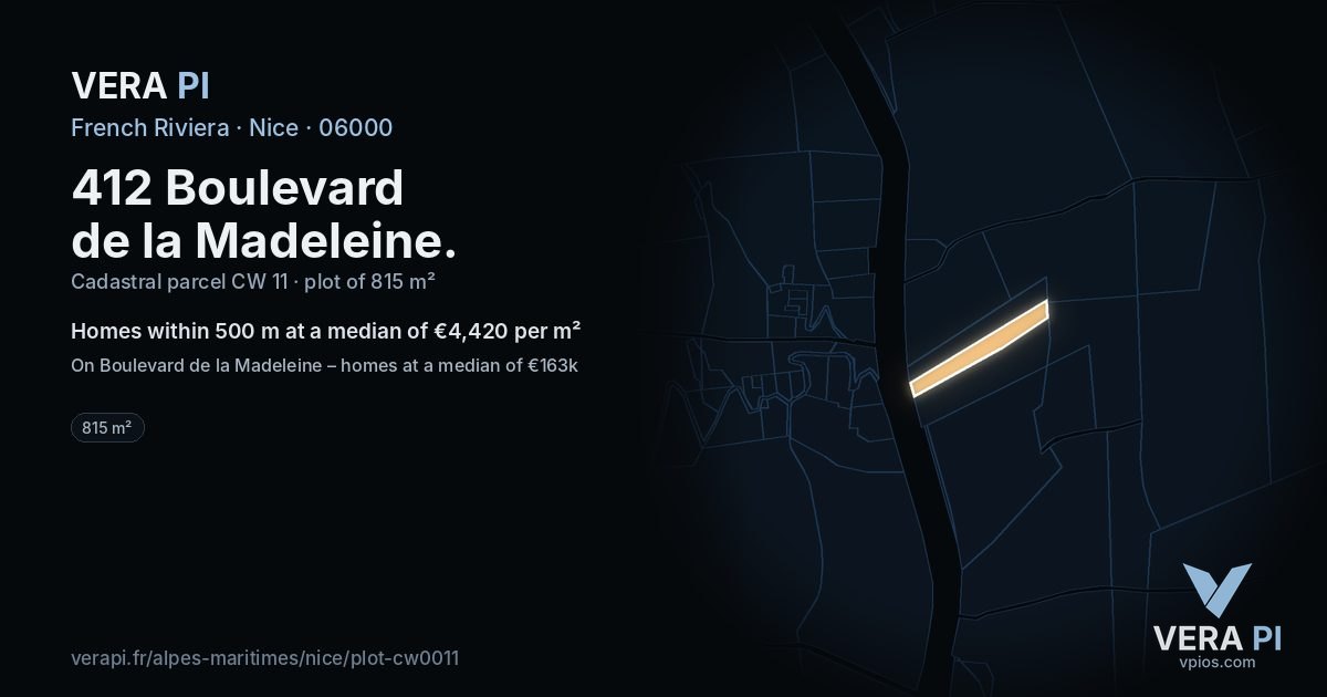 412 Boulevard de la Madeleine, Nice at night – the plot lit, the parcels around coloured by the prices near them
