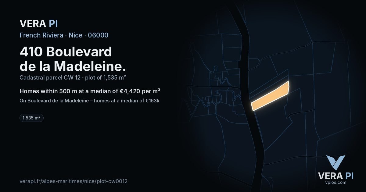410 Boulevard de la Madeleine, Nice at night – the plot lit, the parcels around coloured by the prices near them