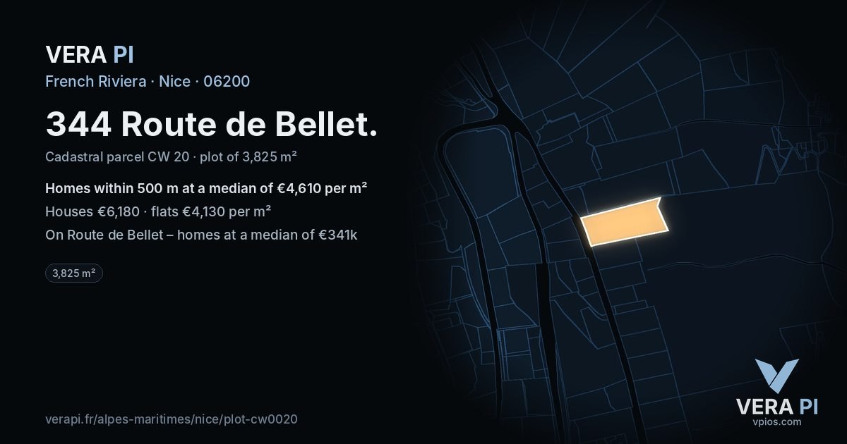 344 Route de Bellet, Nice at night – the plot lit, the parcels around coloured by the prices near them