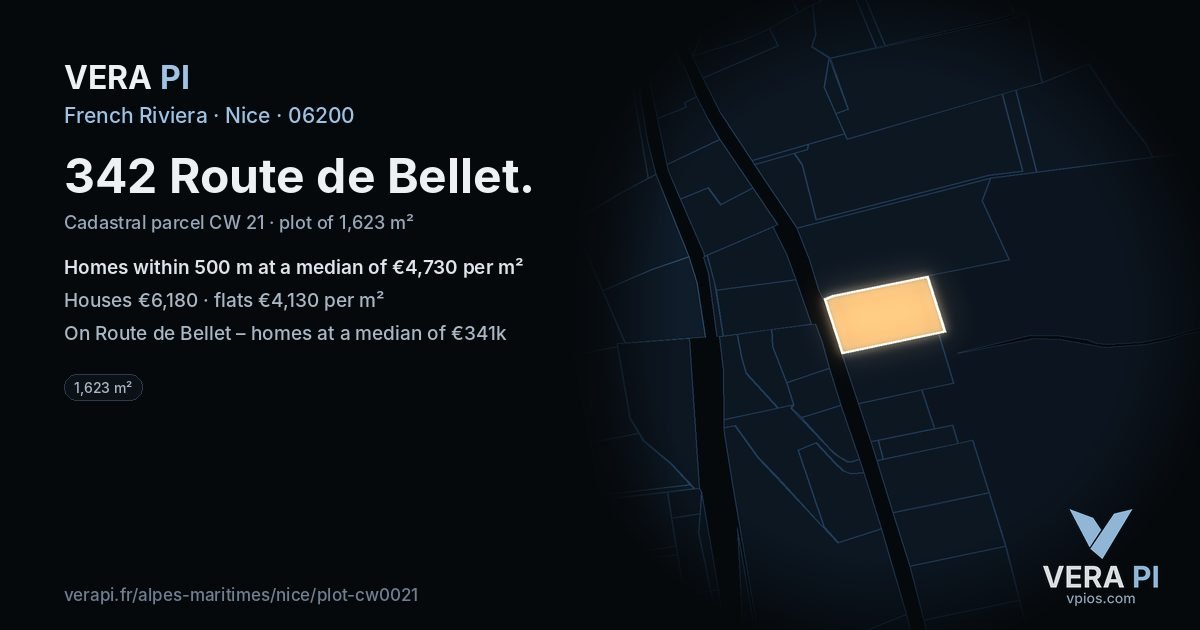342 Route de Bellet, Nice at night – the plot lit, the parcels around coloured by the prices near them