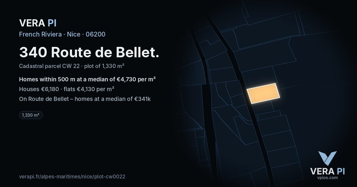 340 Route de Bellet, Nice at night – the plot lit, the parcels around coloured by the prices near them