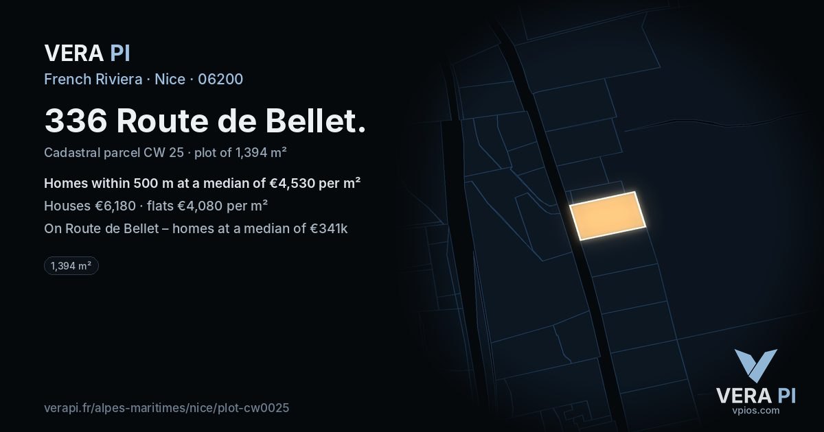 336 Route de Bellet, Nice at night – the plot lit, the parcels around coloured by the prices near them