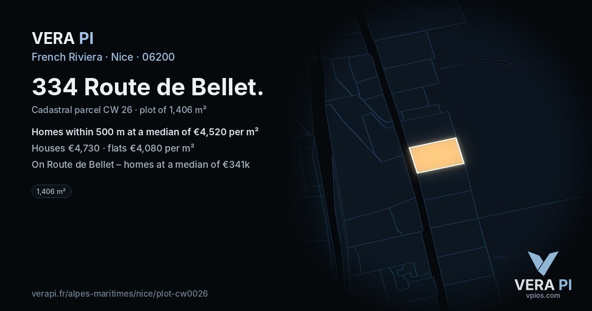 334 Route de Bellet, Nice at night – the plot lit, the parcels around coloured by the prices near them