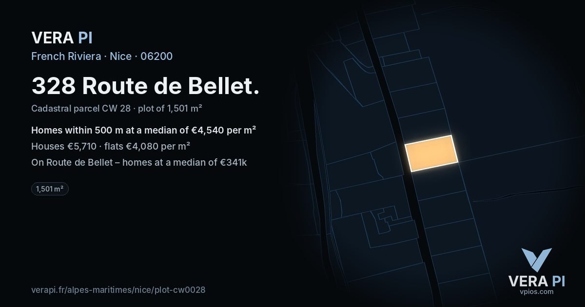 328 Route de Bellet, Nice at night – the plot lit, the parcels around coloured by the prices near them