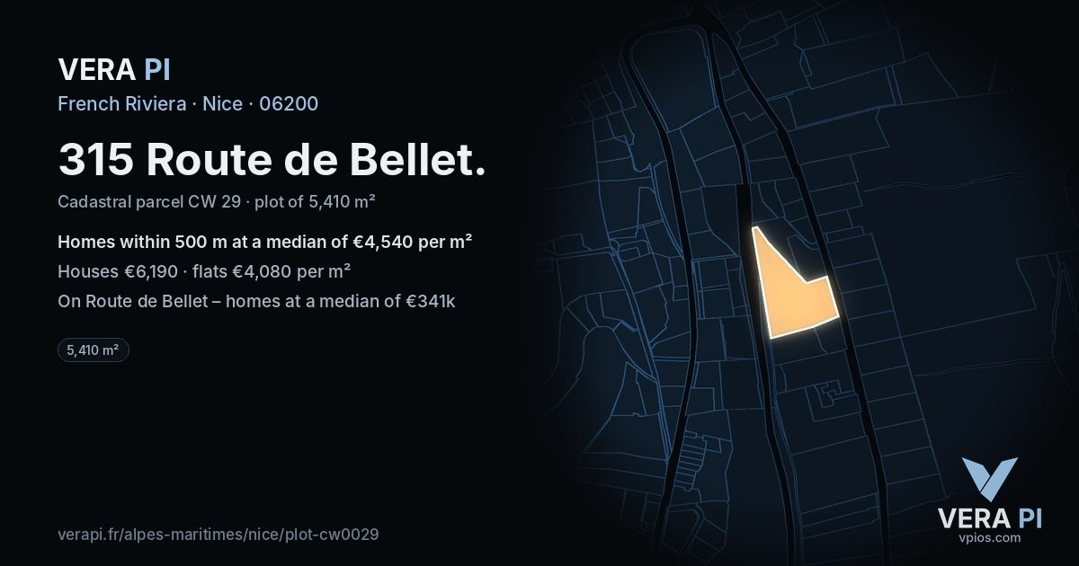 315 Route de Bellet, Nice at night – the plot lit, the parcels around coloured by the prices near them
