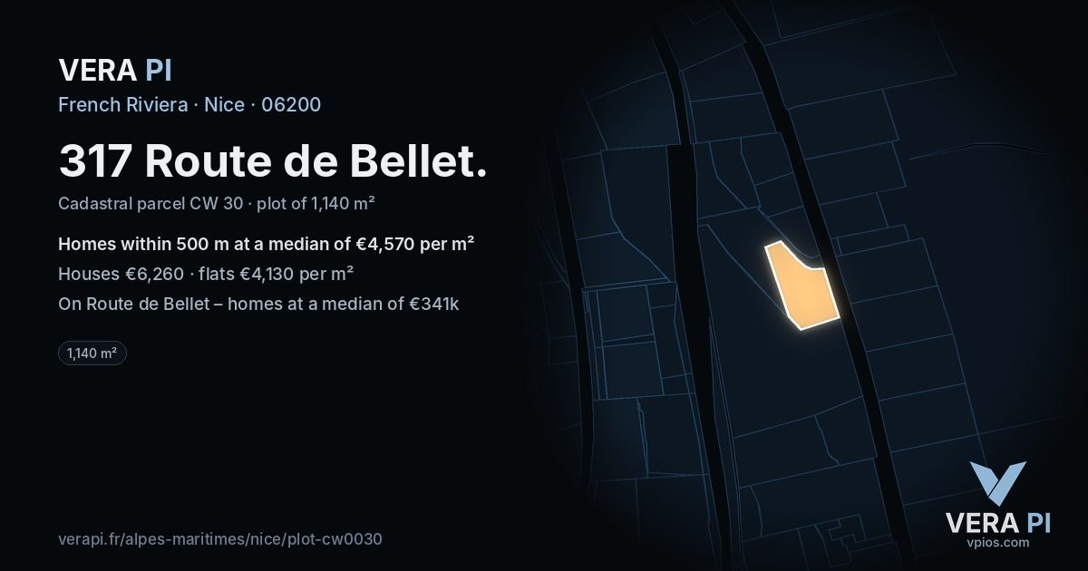 317 Route de Bellet, Nice at night – the plot lit, the parcels around coloured by the prices near them