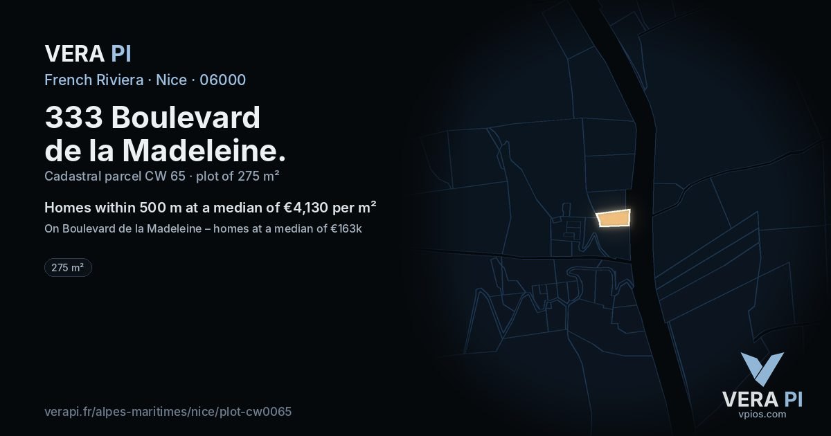 333 Boulevard de la Madeleine, Nice at night – the plot lit, the parcels around coloured by the prices near them