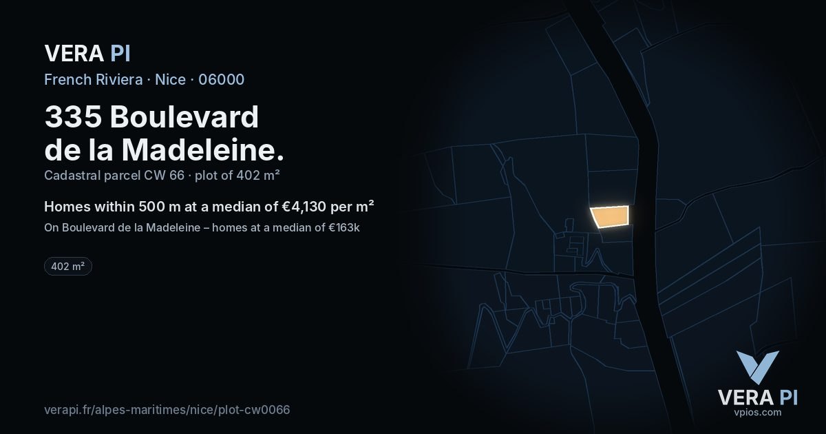 335 Boulevard de la Madeleine, Nice at night – the plot lit, the parcels around coloured by the prices near them