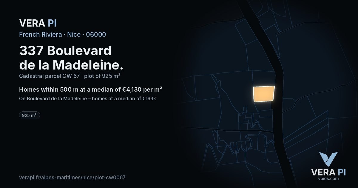 337 Boulevard de la Madeleine, Nice at night – the plot lit, the parcels around coloured by the prices near them