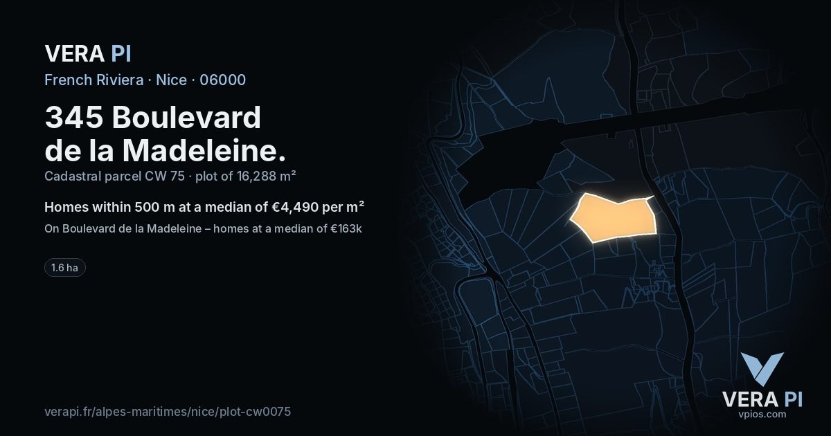 345 Boulevard de la Madeleine, Nice at night – the plot lit, the parcels around coloured by the prices near them