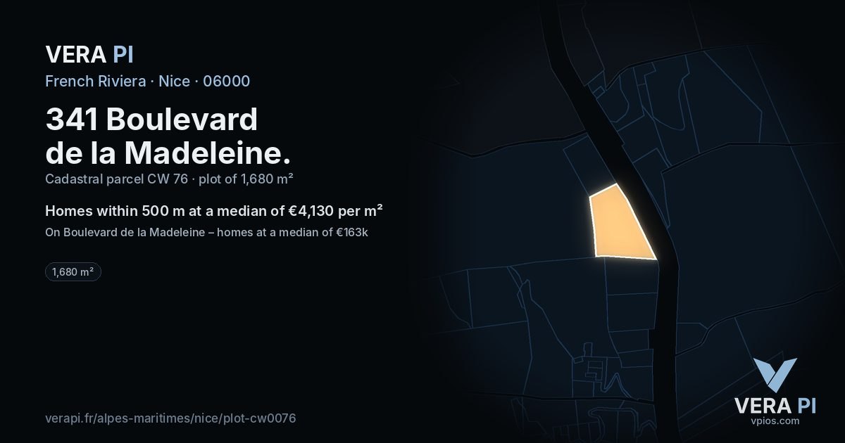 341 Boulevard de la Madeleine, Nice at night – the plot lit, the parcels around coloured by the prices near them