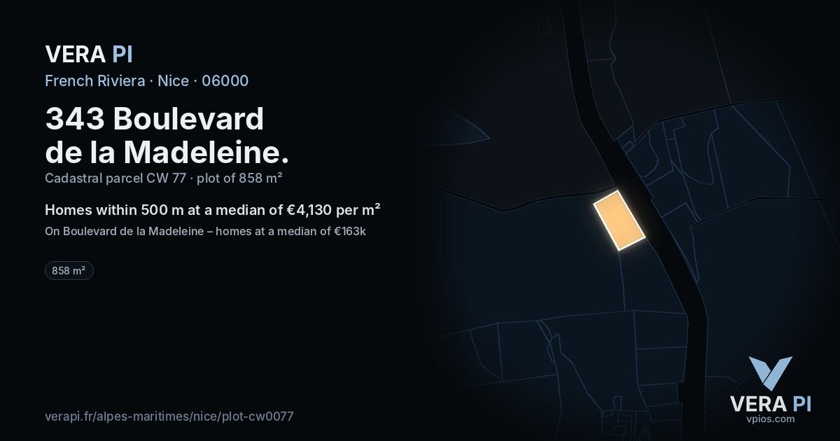 343 Boulevard de la Madeleine, Nice at night – the plot lit, the parcels around coloured by the prices near them
