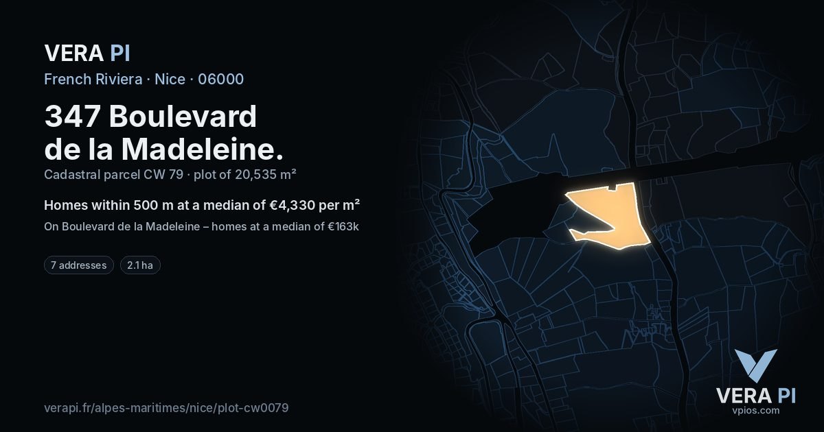 347 Boulevard de la Madeleine, Nice at night – the plot lit, the parcels around coloured by the prices near them