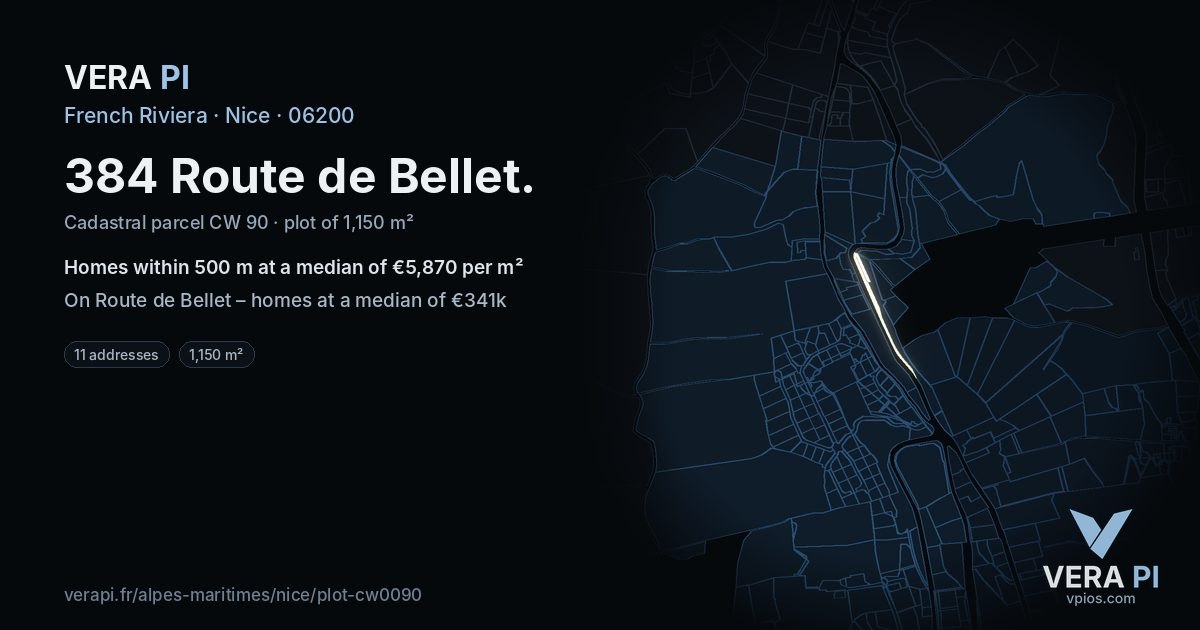 384 Route de Bellet, Nice at night – the plot lit, the parcels around coloured by the prices near them