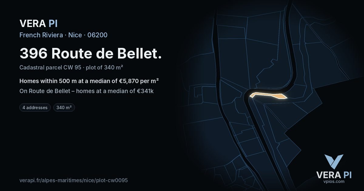 396 Route de Bellet, Nice at night – the plot lit, the parcels around coloured by the prices near them