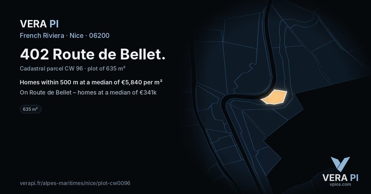 402 Route de Bellet, Nice at night – the plot lit, the parcels around coloured by the prices near them