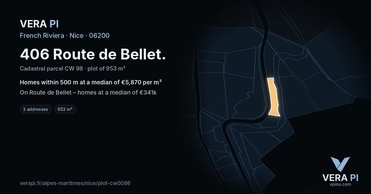 406 Route de Bellet, Nice at night – the plot lit, the parcels around coloured by the prices near them