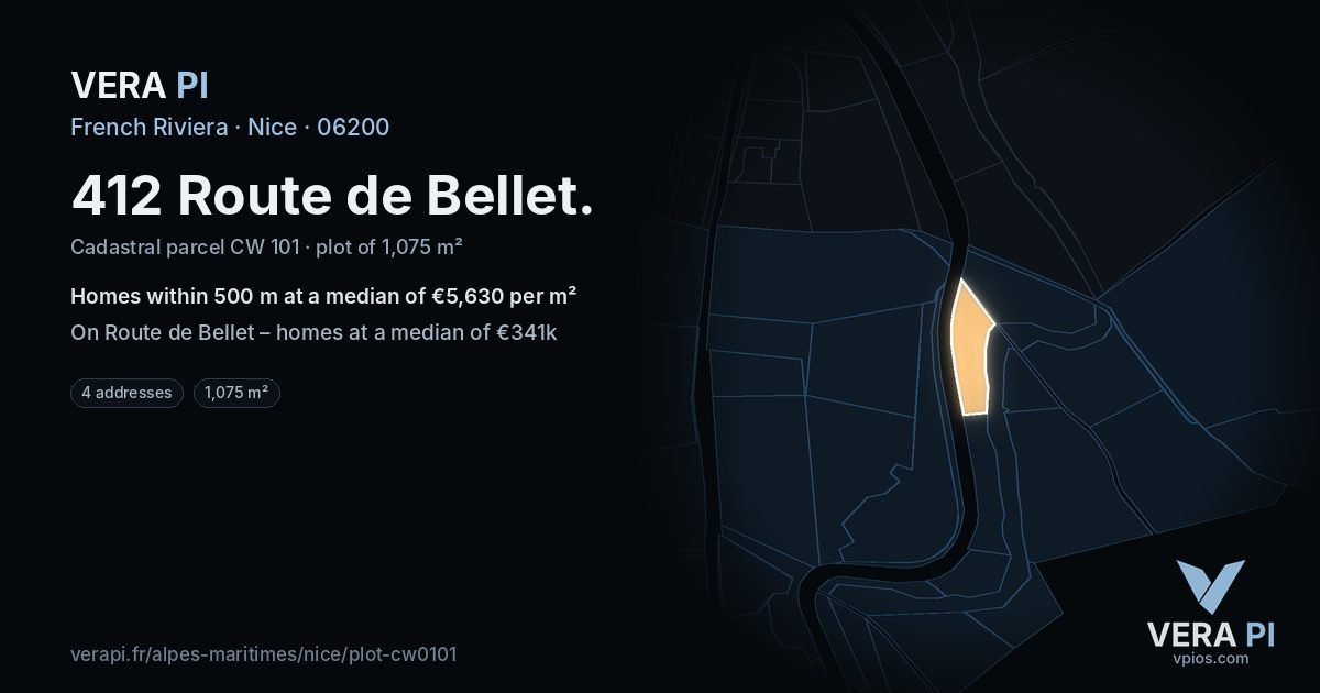 412 Route de Bellet, Nice at night – the plot lit, the parcels around coloured by the prices near them