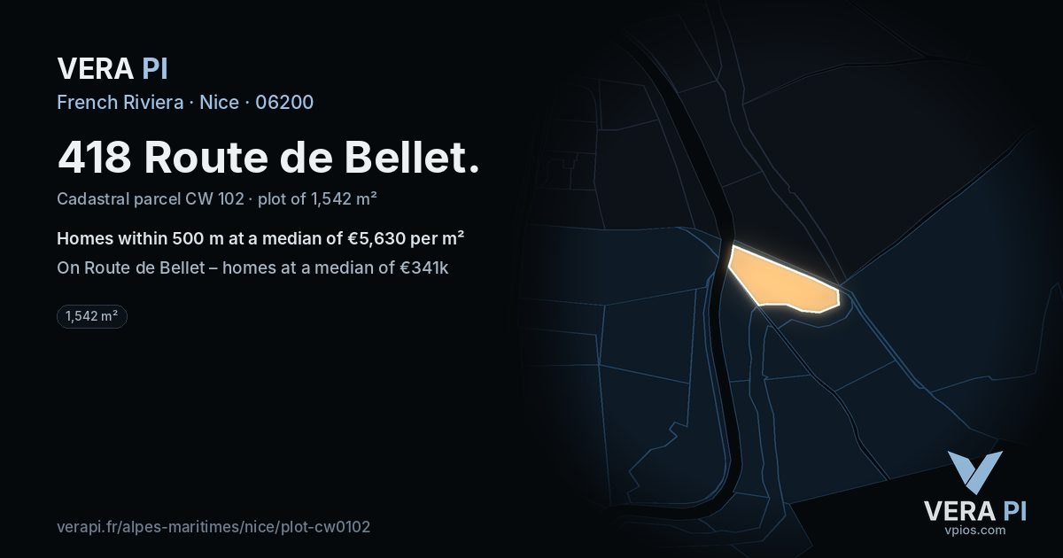 418 Route de Bellet, Nice at night – the plot lit, the parcels around coloured by the prices near them