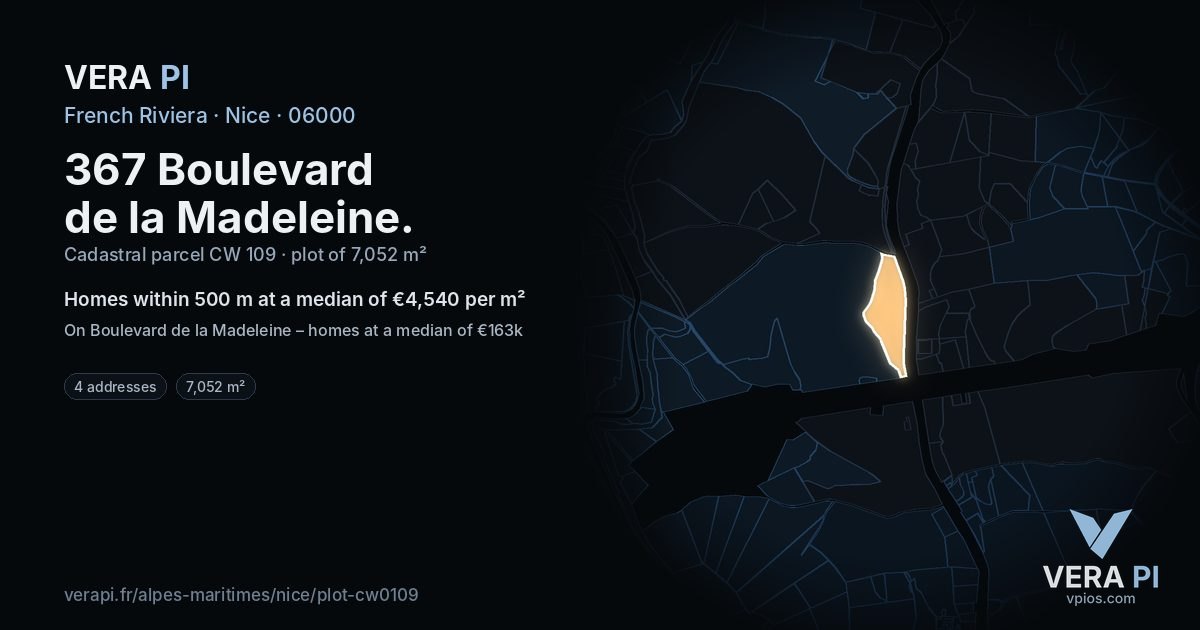 367 Boulevard de la Madeleine, Nice at night – the plot lit, the parcels around coloured by the prices near them