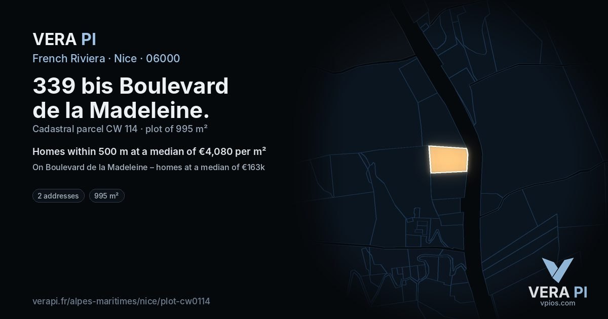 339 bis Boulevard de la Madeleine, Nice at night – the plot lit, the parcels around coloured by the prices near them
