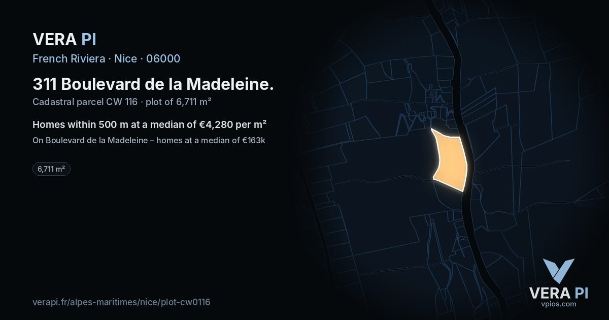 311 Boulevard de la Madeleine, Nice at night – the plot lit, the parcels around coloured by the prices near them