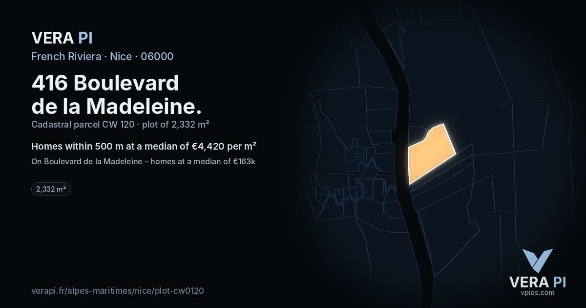 416 Boulevard de la Madeleine, Nice at night – the plot lit, the parcels around coloured by the prices near them