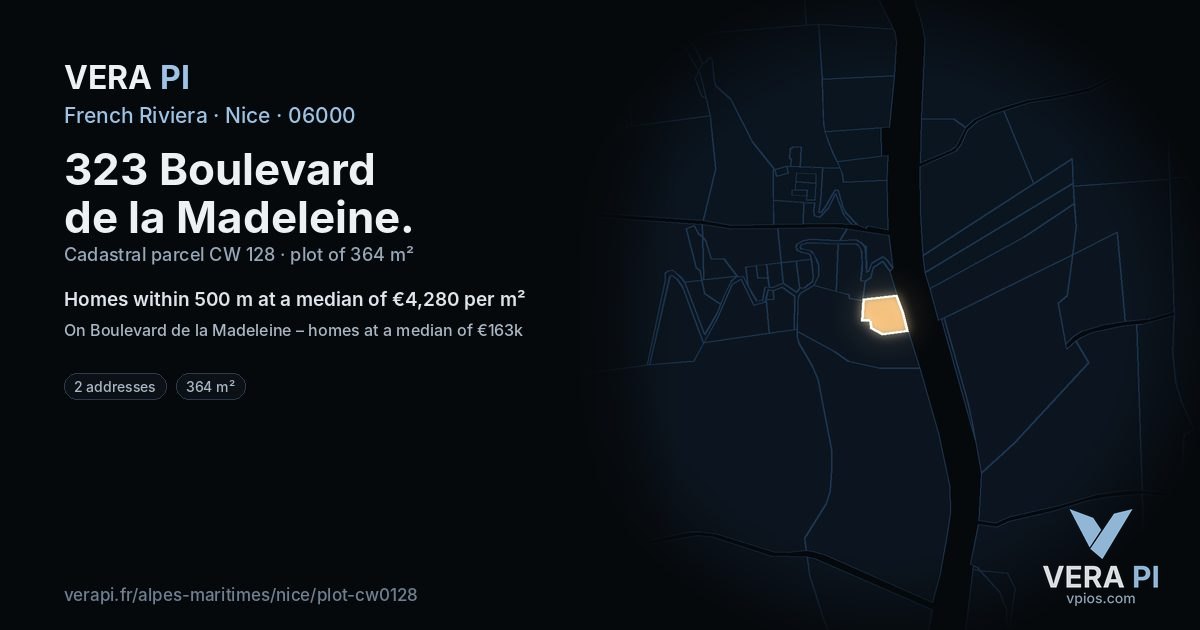 323 Boulevard de la Madeleine, Nice at night – the plot lit, the parcels around coloured by the prices near them