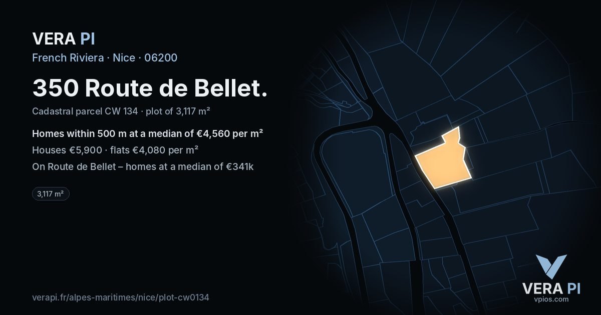 350 Route de Bellet, Nice at night – the plot lit, the parcels around coloured by the prices near them