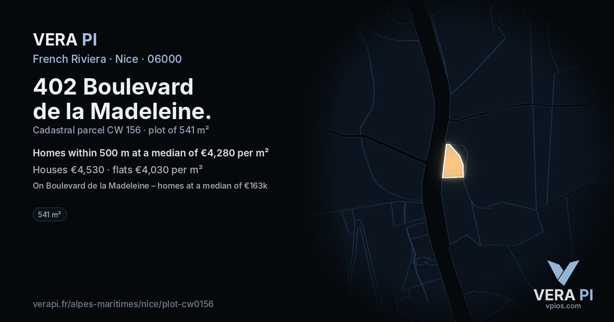 402 Boulevard de la Madeleine, Nice at night – the plot lit, the parcels around coloured by the prices near them