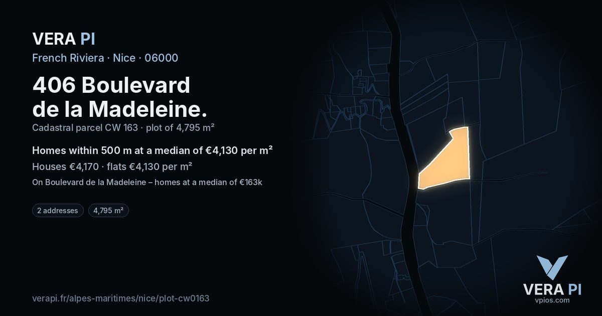 406 Boulevard de la Madeleine, Nice at night – the plot lit, the parcels around coloured by the prices near them