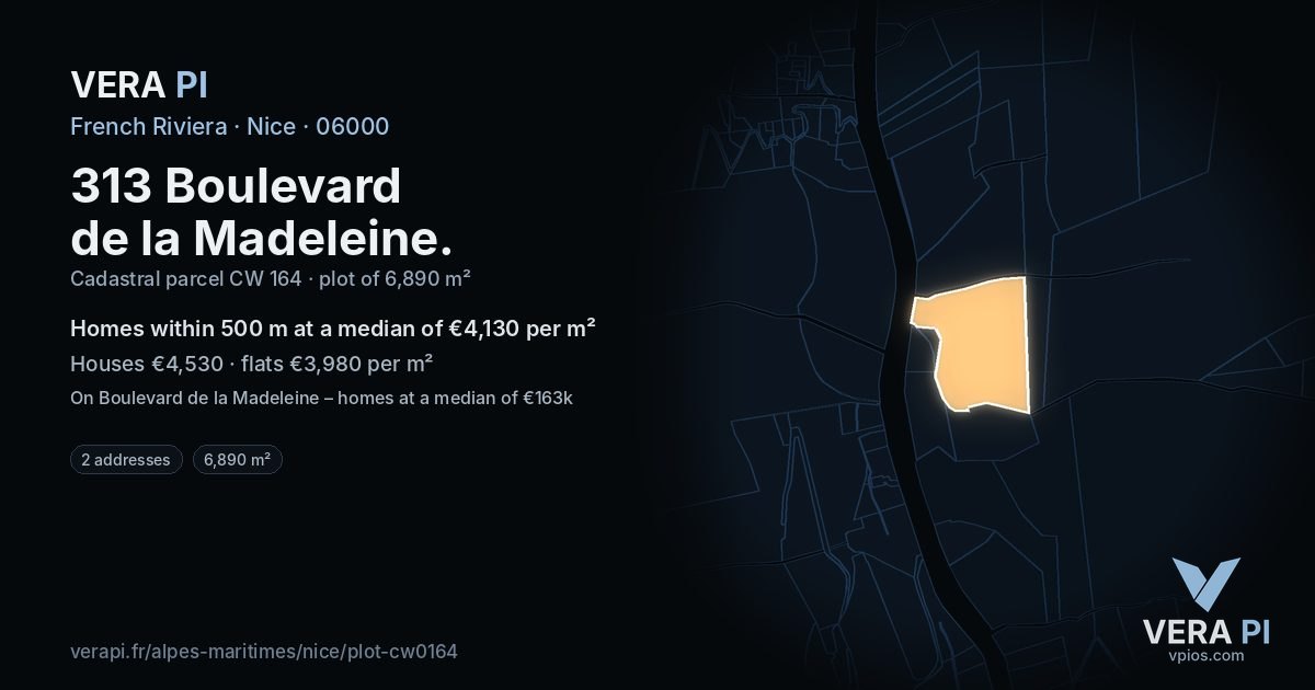 313 Boulevard de la Madeleine, Nice at night – the plot lit, the parcels around coloured by the prices near them
