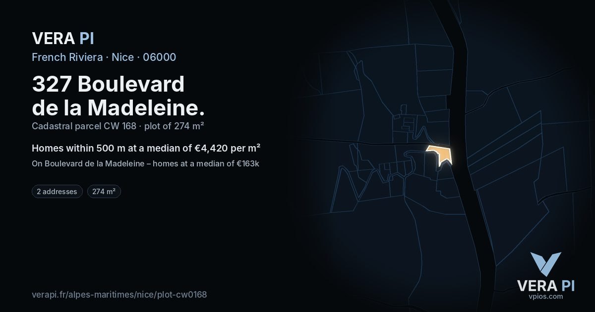 327 Boulevard de la Madeleine, Nice at night – the plot lit, the parcels around coloured by the prices near them