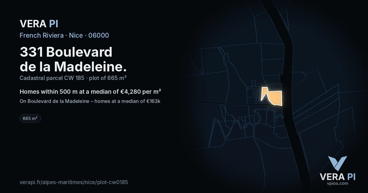 331 Boulevard de la Madeleine, Nice at night – the plot lit, the parcels around coloured by the prices near them