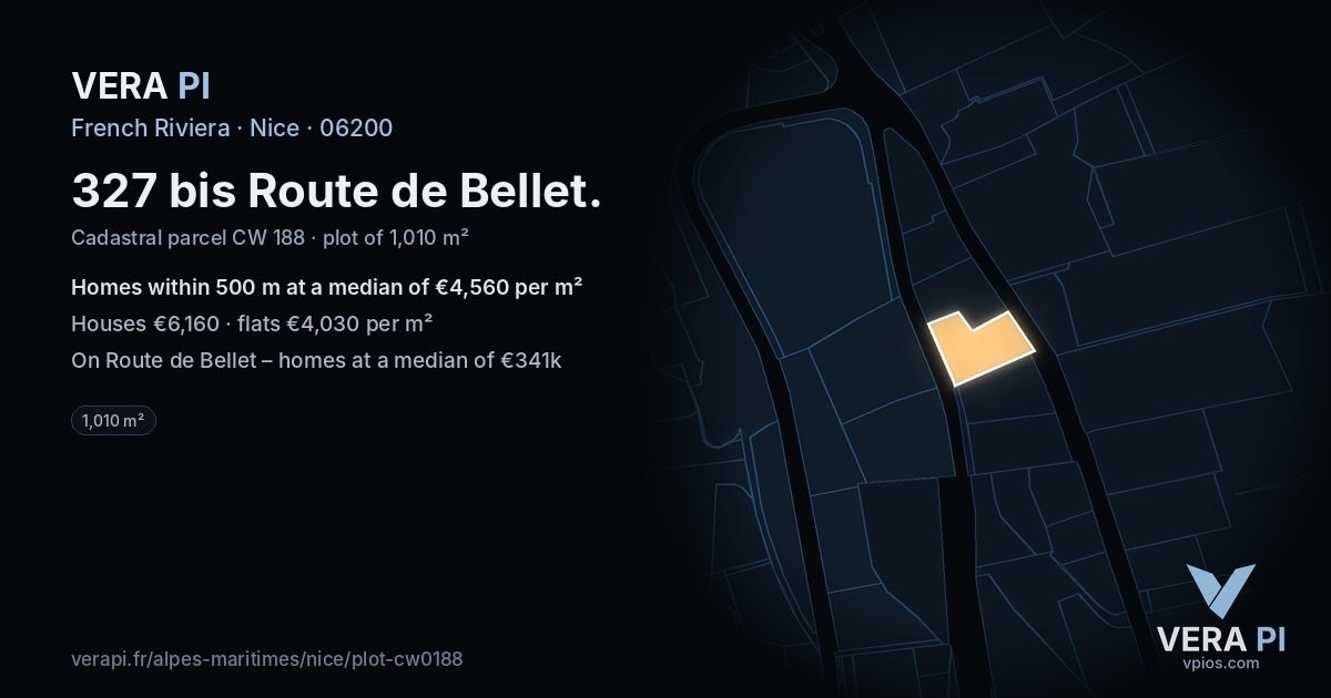 327 bis Route de Bellet, Nice at night – the plot lit, the parcels around coloured by the prices near them
