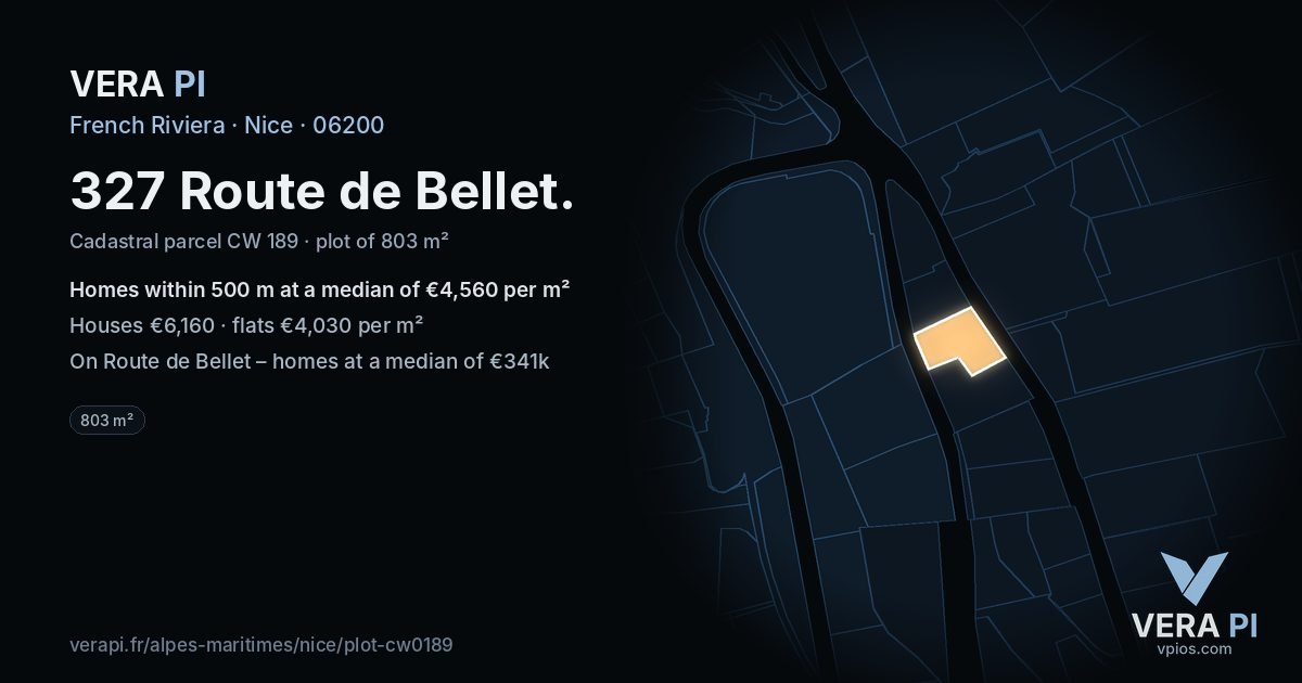 327 Route de Bellet, Nice at night – the plot lit, the parcels around coloured by the prices near them