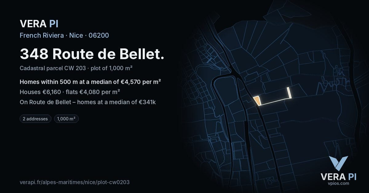 348 Route de Bellet, Nice at night – the plot lit, the parcels around coloured by the prices near them