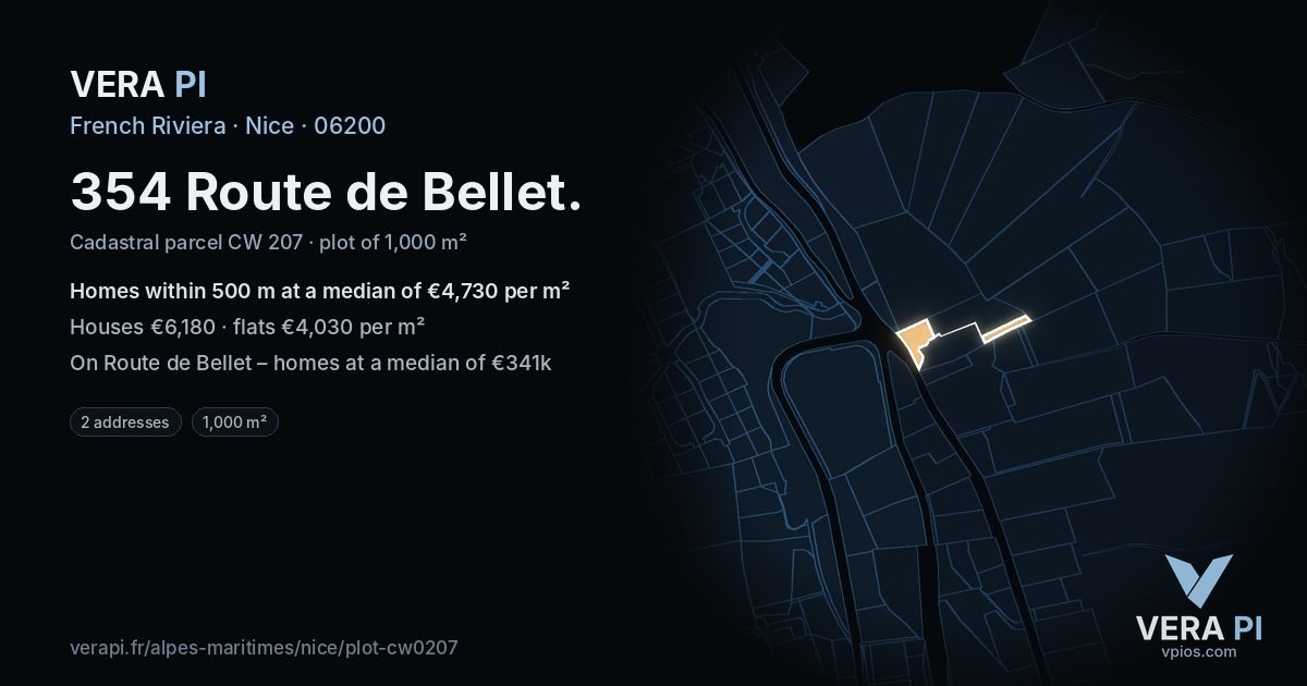 354 Route de Bellet, Nice at night – the plot lit, the parcels around coloured by the prices near them