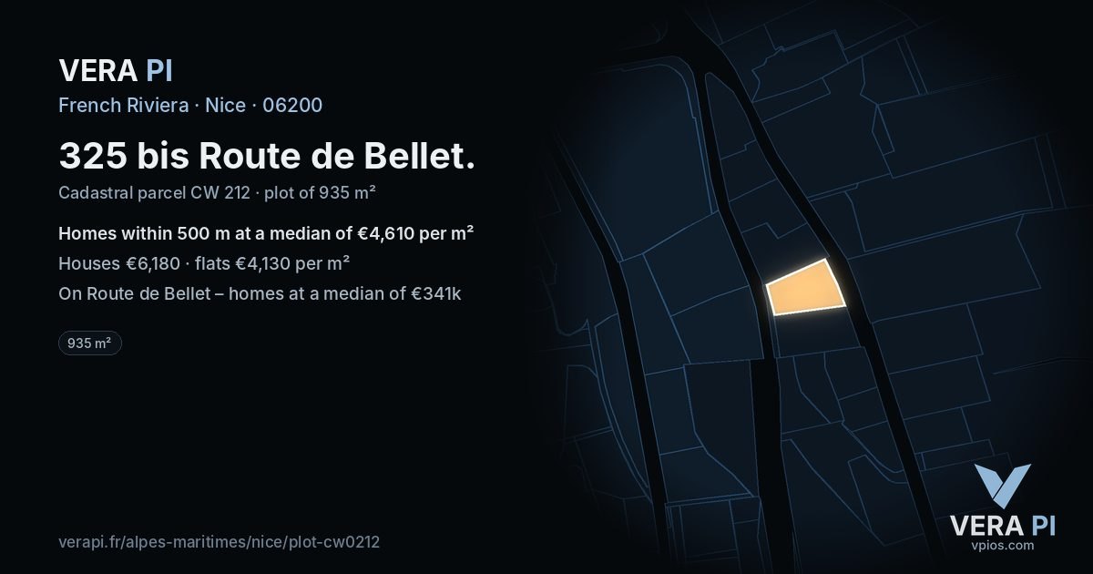 325 bis Route de Bellet, Nice at night – the plot lit, the parcels around coloured by the prices near them